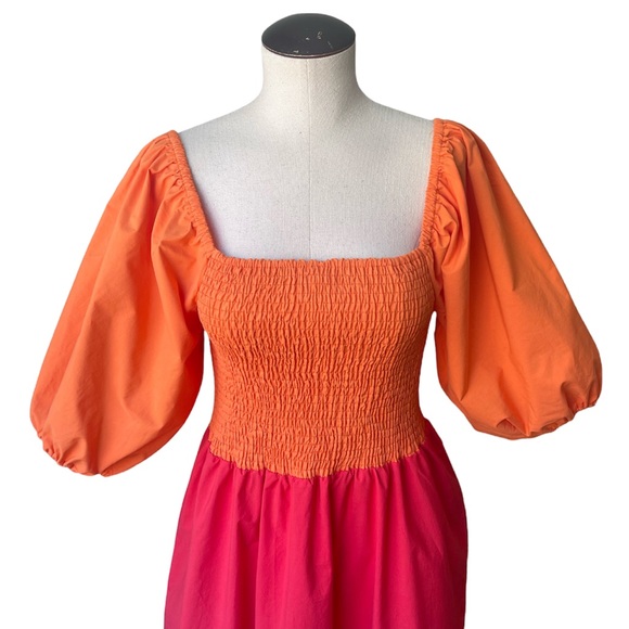 NWT Rhode Eloise Puff Sleeve Colorblocked Midi Dress in Clementine Multi - Picture 6 of 12
